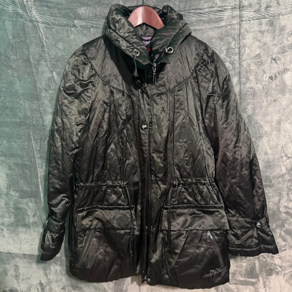 Gallery Jacket Womens Large Black Full Zip Coat Pocket Slight Cinch Over Size